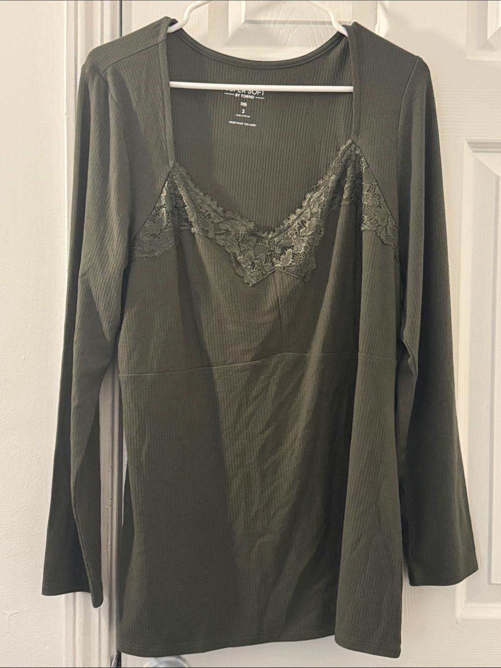 Super Soft Olive Green Lace-Trim Ribbed Long Sleeve Top
